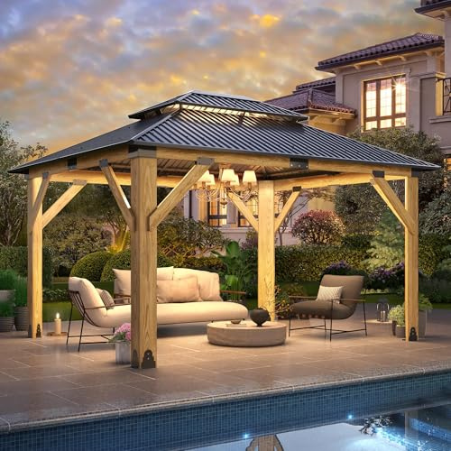 Howsvn 11x13FT Wood Gazebo, Outdoor Wooden Gazebo with Glavanized Steel Double Roof, Hardtop Gazebos for Garden, Patio, Deck, Backyard