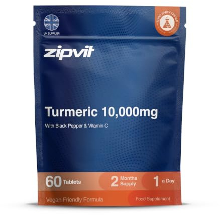 Zipvit Turmeric Tablets 10,000mg with Bioperine Black Pepper & Vitamin C | 95% Active Curcuminoids - 500mg 20:1 Turmeric Extract - 2 Month Supply - 60 Tablets - 3rd Party Tested - Vegan