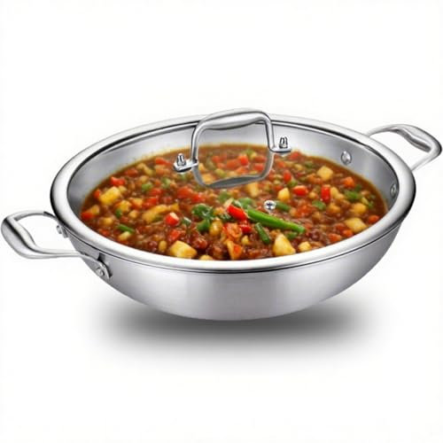 DELARLOCHEF Edelstahl Pfanne 30m,3-Schicht Edelstahlpfanne,Wokpfanne mit Deckel,Induktions Servierpfannen,Gasherdgeeignet, 20% Energiesparend Ofenfest bis 400°C