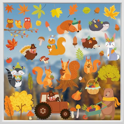 KIKISML 75 PCS Fall Thanksgiving Window Clings Stickers, 6 Sheets Autumn Maple Leaves Window Stickers Decor with Cute Cartoon Animals for School Home Office Party Accessory Party Holiday Supplies