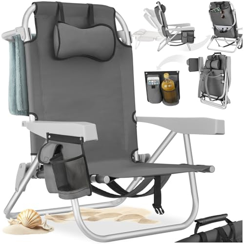 tectake® Sedia da Spiaggia, Spiaggina Pieghevole Funzione Zaino, Sedie da Giardino, Telaio in Alluminio, Sdraio Da Spiaggia, Schienale Regolabile, Sdraio pieghevole, Borsa Termica, Sedia Mare - Grigio