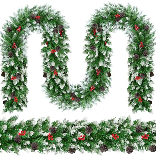 DTYDECLE 270cm/8.86Ft Weihnachtsgirlande mit Schnee， Künstlich Weihnachten Tannengirlande mit Kiefernzapfen und rote Beerenfrucht für Treppen Haustür Girlande Outdoor & innen Weihnachten