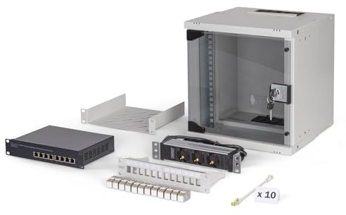 DIGITUS 10-tums nätverkssats - 6U nätverksskåp - hylla - uttagslist - 8-portars switch - 12-portars patchpanel - 12 keystone-moduler - 10 patchkablar - SOHO Pro - grå