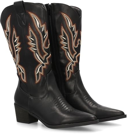 shoes&blues.es 95430 Bota Cowboy para Mujer de Cana Alta con Bordados Multicolor. Punta Fina y Tacon Ancho, Ideal para Otono Invierno. Negro Talla 36