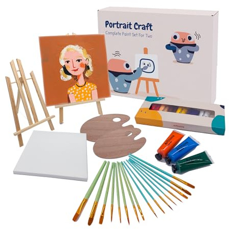 Artnova Kit di pittura per 2 persone – Set fai da te con 2 tele, cavalletti, pennelli, tavolozze, colori acrilici e guida, ideale per ritratti, regalo creativo per partner, amici o principianti
