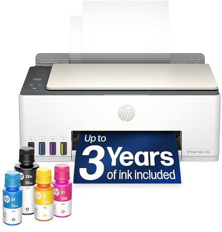 HP Smart Tank 5100 Wireless All-in-One Refillable Printer, Scanner, Copier with up to 3 Years of Ink Included, Best-for-Home, Cartridge-Free, AI-Capable (9B2D1A)