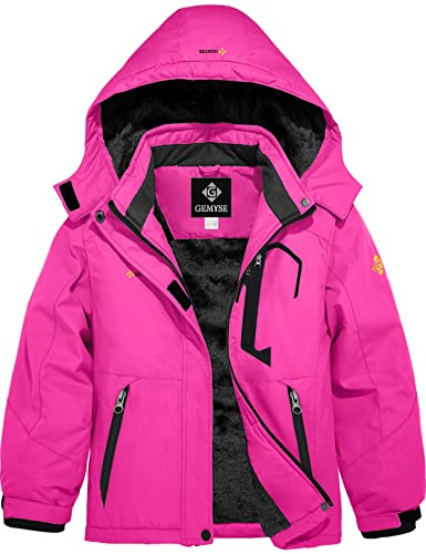 GEMYSE Chaqueta de Esquí Impermeable de Montaña para Niñas Abrigo de Invierno de Lana Antiviento con Capucha (Rosa roja,152-158)