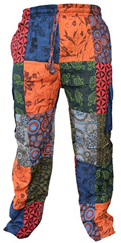 Gheri Mens Paisley Print Hippy Patchwork Lightweight Cotton Cargo Pants Animal Patch Medium