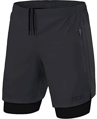 TCA Ultra Laufhose Herren 2 in 1 Kurze Sporthose Trainingsshorts Laufshorts mit integrierter Kompressionshose und Reißverschlussfach - Grau (2X reißverschlusstasche), S