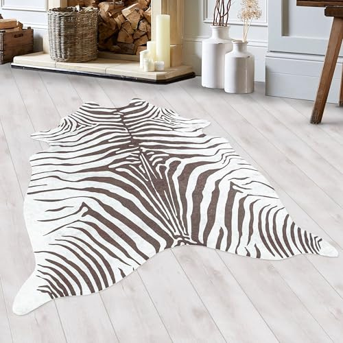 HomebyHome Alfombra de Pieles Piel sintética Tejida Plana Diseño de Cebra Sala de Estar Dormitorio Suave y Lavable Forma de Animal Antideslizante Marrón, Color:Marrón, Tamaño:150x200 cm