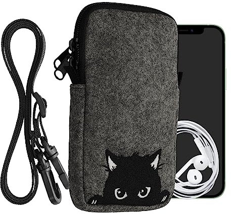 kwmobile Handytasche für Smartphones L - 6,5 - Filz Handy Hülle Grau Schwarz - Handy Tasche mit Kette 16,5 x 8,9 cm Innenmaße - Neugierige Katze
