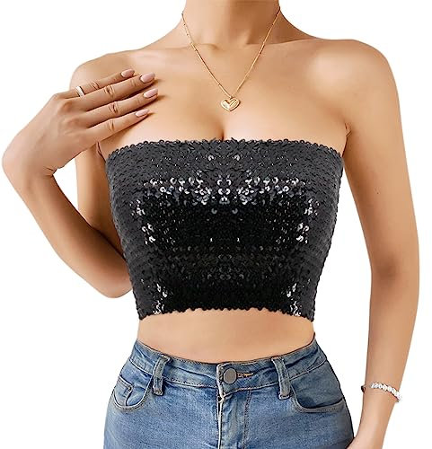Naimo Damen Glitzer Pailletten Crop Top Schulterfreies Bandeau Tube Top Sparkle Trägerlos Tops Bluse Party Rave Oberteil