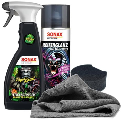 Auto Reifenpflege & Felgenpflege Set | Sonax ReifenGlanz Special Edition + FelgenBeast Sonderedition Felgenreiniger + Applikator Pad + Mikrofasertuch | Pflege & Reinigung von Felgen & Reifen