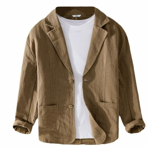 GIBZ Giacca da Uomo in Lino Primavera Estate Giacche da Abito Semplice Versatile e Ampia con Risvolto Dentellato Cappotto Blazer Sportivo a 2 Bottoni con Tasca Marrone M