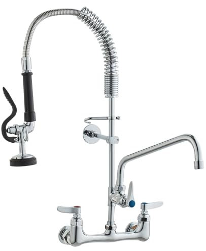 VEVOR Commercial Faucet with Pre-Rinse Sprayer, 25 Height, 8 Center, 12 Swing Spout, Wall Mount Kitchen Sink Faucet, Brass Constructed Device with Pull Down Spray, for 1/2/3 Compartment Sink