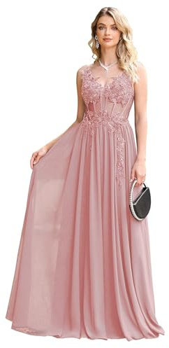 Misshow Robe Terracotta Cocktail Longue Robe de Cérémonie Femme Formelle en Perles Cristaux à Paillettes pour Ado Fille Chiffon Rose 40