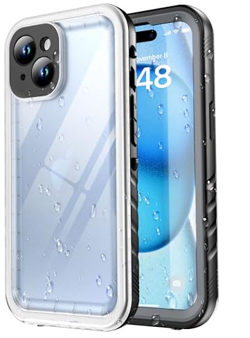 SPORTLINK für iPhone 15 Hülle wasserdichte - 360 Grad Outdoor Transparent Schutzhülle kameraschutz Displayschutz [IP68 Waterproof] [6FT Stoßfeste Hard Case] [Nie Vergilbung] Panzerhülle Schwarz/Klar