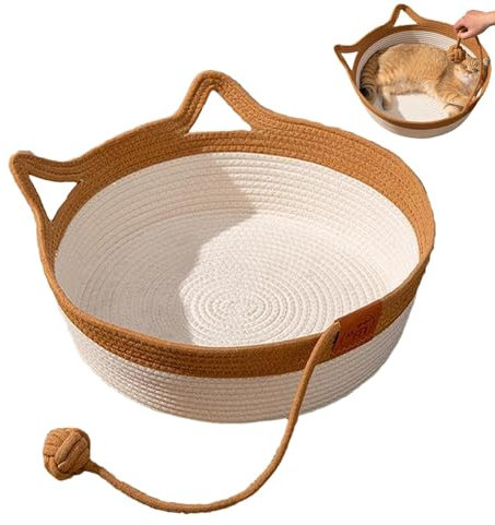 Xujuika Katzenbett Korb - Baumwollseil Katzenkorb, Gewebtes Katzenbett, Handgewebtes Baumwollseil-katzenbett, Gemütliches Haustierbett Mit Spielzeugschwanz Für DASS Sich Ihr Haustier Wohlfühlt