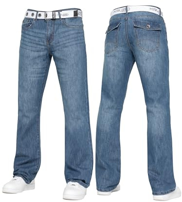 BRAND KRUZE Mens Bootcut Jeans Casual Flared Wide Leg Free Belt Stylish Fashion Denim Trouser Pants KZ115 Blue 36W / 30L