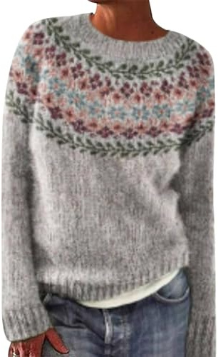 Pull Norvégien Femme Grande Taille, Pull Femme Hiver Norvégien, Chaud Pullover Col Rond pour Femme Mohair, Pull Jacquard sans Capuche Femme, Sweater Grandes Tailles Vintage à Motif, Pull Irlandais