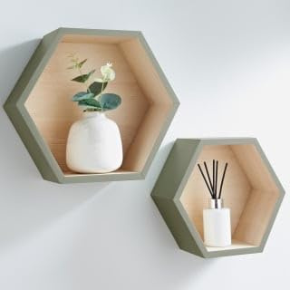 New Sage Stylish Set of 2 Hexagon Shelves Wall Mounted Dissplay Shelves Perfect For Vases, Photo Frames And Ornaments Stylish Storage Solution For Your Home Decor -A41