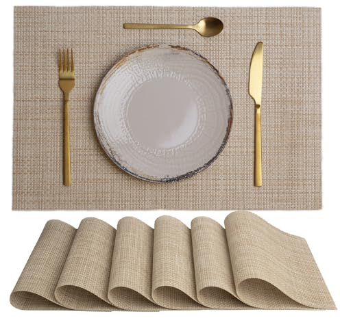 STARUNK Salvamanteles Individuales Juego de 6, Lavables Manteles Individuales Plásticos de Vinil de Esteras, Resistentes al Calor, Antideslizante, Fácil de Limpiar y Impermeable 30x45cm Color Beige