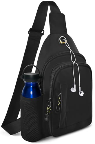 BROTOU Unisex Crossbody Shoulder Bag, Waterproof Chest Bag with Side Mesh Bag and USB Hole, Travel Hiking Daypack (Black)