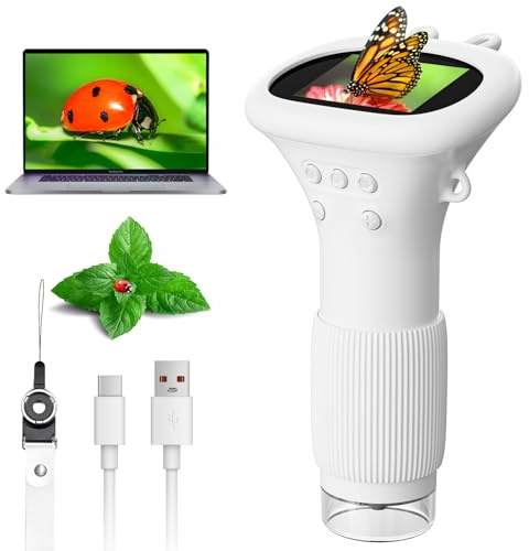 Microscopio Ahalfcit, microscopio portatile per bambini, microscopio digitale, fotocamera con zoom 1000x, schermo da 2 pollici, regalo per bambini da 3 a 12 anni, giocattoli educativi - Bianco