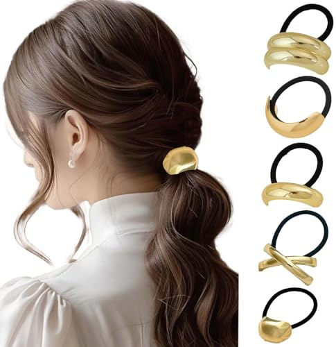 5 Gomas para el Pelo para Cola de Caballo, Puño de Metal para el Pelo, Gomas de pelo Punk Mujer, Coletero Dorado, para Accesorios de Cabello Fino