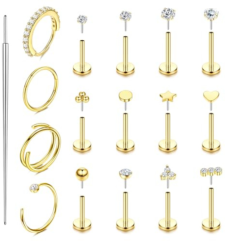 KRFY 16 Pezzi Piercing Orecchio Trago ipoallergenici Piercing Naso Brillantino Acciaio Chirurgico 316L Medusa Septum Helix Labbro Piercing Oro Argento 18G