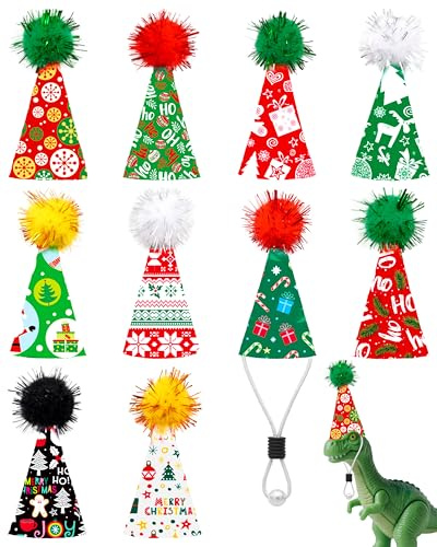PET SHOW 10 Pack Mini Party Hats for Animals Figures Christmas Tiny Hats for Crafts Dinosaur Xmas Party Decor Adjustable Cone Hat with Tinsel Pom Pom Birthday Cake Toppers Accessories