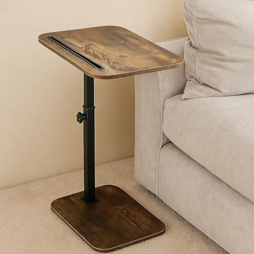 M.J COMFY-LIFE C-Shape Side Table, Height Adjustable Swivel Sofa Table 360° Rotating Tray Space-Saving Coffee Snack and Bed End Table for Living Room Bedroom Bedside Couch (Rustic Brown, 1)