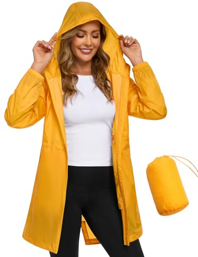 Vancavoo Waterproof Jackets Women Raincoat Ladies Lightweight Rain Coats Long Windbreaker Packable Hooded Outdoor Running Jacket,Yellow,M