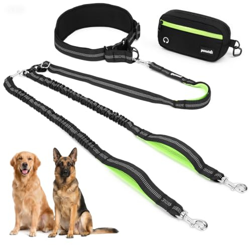 Pecute Dubbelt koppel för 2 hundar, handsfree midja hundkoppel med vattentät midjeväska, anti-dragkoppel med elastiskt rep och två reflekterande hundhandtag 15–55 kg