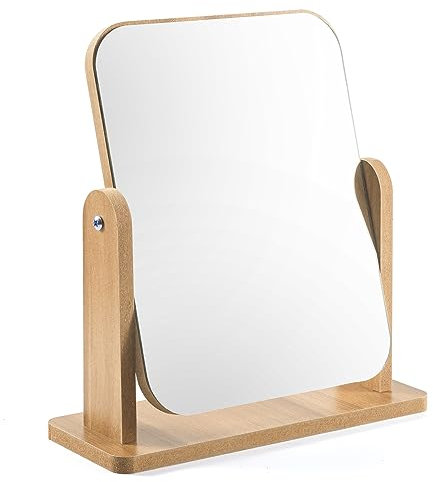 QINGMUG Vanity Mirror Wood Desk Makeup Mirror , 360° Swivel Desktop Square Mirror for Dressing Table Desk, Bathroom, Bedroom (1), 22 x 17CM