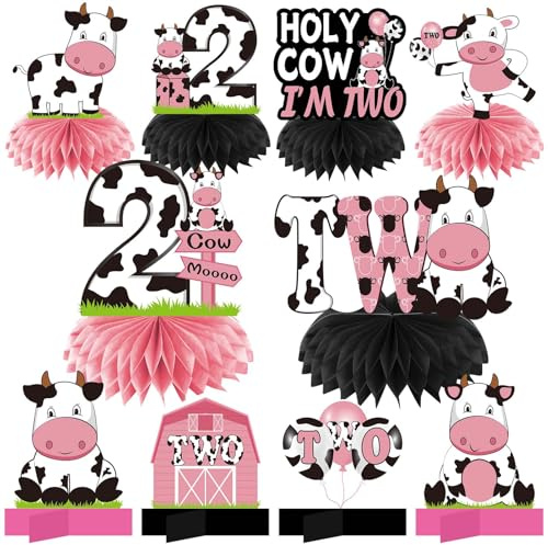 Holy Cow Im Two Geburtstagsdekoration für Mädchen, rosa Kuh 2. Geburtstag, Wabenaufsatz, Partyzubehör, Moo Moo I'm Two Cow Thema 2 Year Old Birthday Tischaufsätze Schild Dekor