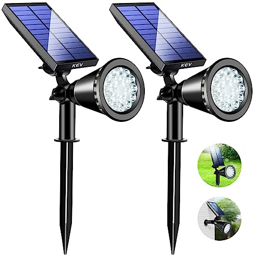 KEV 800 Lumens Solar Spot Lights Outdoor,18 LEDs Solar Flood Lights with 2 Modes &Adjustable &IPX65 Waterproof,Solar Spotlight for Driveway/Backyard/Patio Landscape/Tree/Garage(Cool White, 2 Pack)