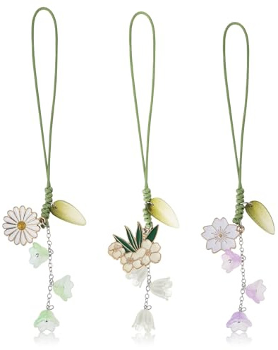 Jeffdad 3pcs Cherry Blossom Daisy Flower Phone Charm, Mobile Decorative Pendant Handmade Bracelet Keychain Cute Anti-lost Phone Chain Strap for Women