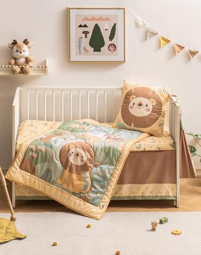 ROBOTIME Juego de ropa de cama de 5 piezas para cuna de bebé, estampado de animales de la selva de dibujos animados, ropa de cama cómoda y transpirable, incluye funda de edredón, funda de almohada y