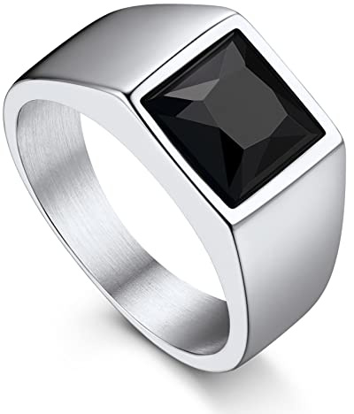 Bandmax Bague Solitaire Homme Acier Inoxydable Taille 54, Bague Orné de Pierre en Verre Noir Carré