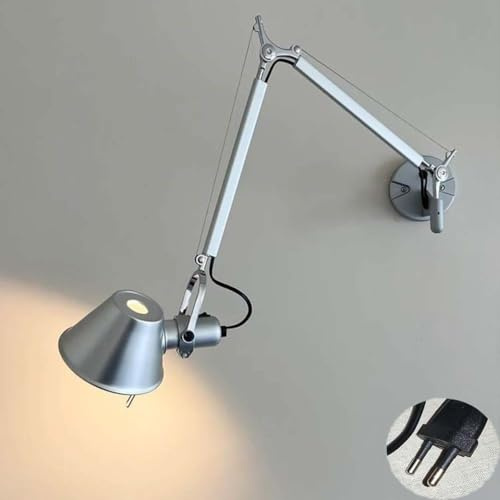 AoLa Verstellbare Schwenkarm Wandlampe Moderne Innen mit Schalter Wandleuchte E27 mit Stecker und Kabel Nachttischlampe Wandmontierte Metall Leselampe für Schlafzimmer Wohnzimmer,Silber,36 * 36