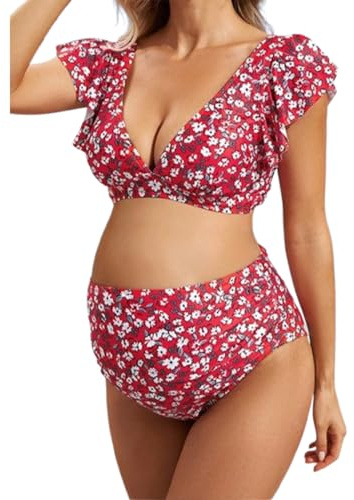 KINLYBO Maillot de bain de grossesse 2 pièces imprimé col en V fendu, Rouge, XL