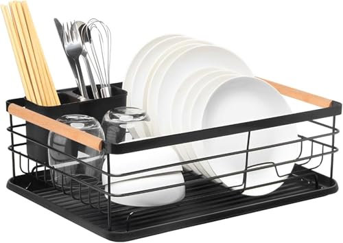 M.J COMFY-LIFE Dish Drainer Rack with Removable Drip Tray - Large Space Saving Kitchen Drying Rack for Plates, Bowls & Cutlery - Rust-Proof Metal Frame with Wooden Handles (BLACK)