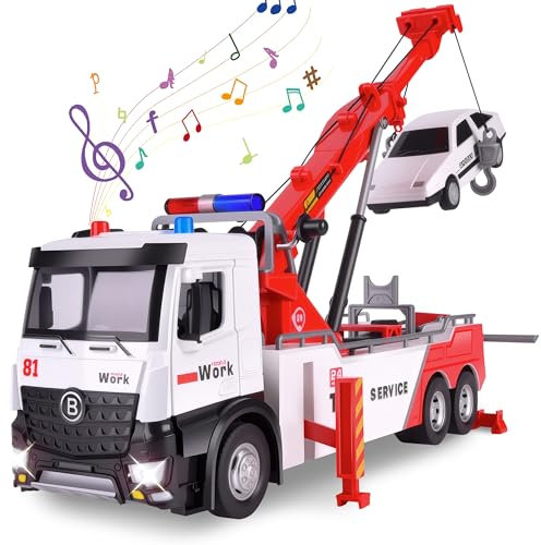 Charmofun Camion Depanneuse Jouet Enfant, Transporteur Véhicule Modèle avec Grue, Camion de Secours Remorqueur avec Lumière et Effets Sonores Réalistes, Jouet Voiture pour dépanneuse Enfant 3 Ans
