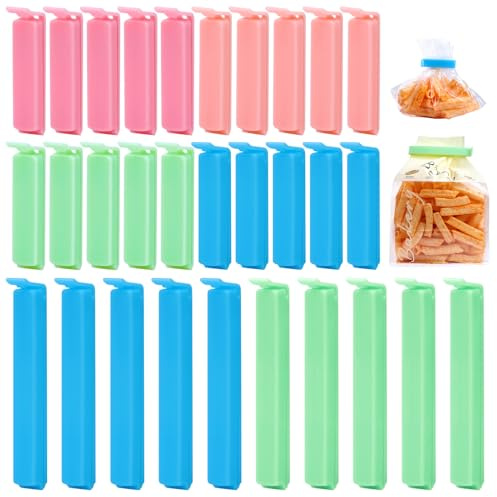 Inwee 30 Stück Verschlussclips, 4 Farben & 2 Größen Verschlussclips für Beutel, Tüten Verschluss Clips für Frischhalten, Wiederverwendbare Klammern für Gefrierbeutel und Tierfutterbeutel