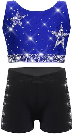 Freebily Justaucorps Gymnastique Enfant Fille Ensemble Danse Moderne Jazz Dos Croisée Etoiles Strass Haut Et Short Sport Yoga ZA Bleu 15-16 ans
