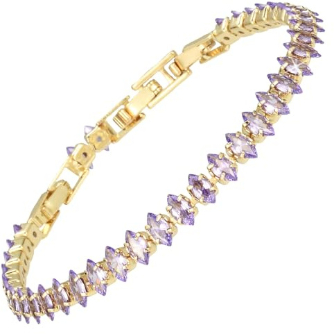 RIZILIA Pulsera Tenis De Declaración Para Mujer Con Circonita Cúbica De Corte Marquesa De 3mm Amatista Púrpura Simulada En Chapado De Oro Amarillo De 14K, 16.5cm + Extensores A 18-19cm, Caja De Regalo