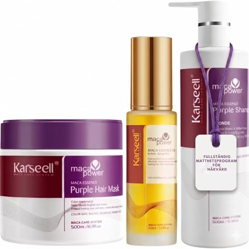 Karseell MACA CARE SYSTEM Professionellt Anti-Gul Set Lila Hårmask 500ml Lila Schampo 500ml Arganolja Serum 50ml för Blont Platinablont och Grått Hår Återfuktande Reparerande