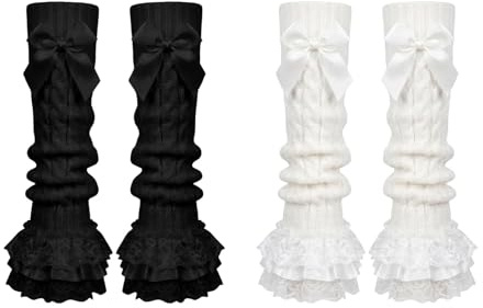 molicorl Women's Kawaii Knitted Leg Warmers, Y2K Bow Lace Trim Knee High Leg Sleeve, Flared Slouch Socks Calf Boot Toppers With Ruffled Lace Trim Ribbon Bow for Lolita Costume Party Accessory