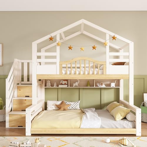BTM Bunk Beds for Kids, Staircase Bunk with Storage Space, Small House-shaped Children's Bed, Double Bunk Bed for Family with Multiple Children, (90+135) x 190 cm, Solid Wood, White & Natural